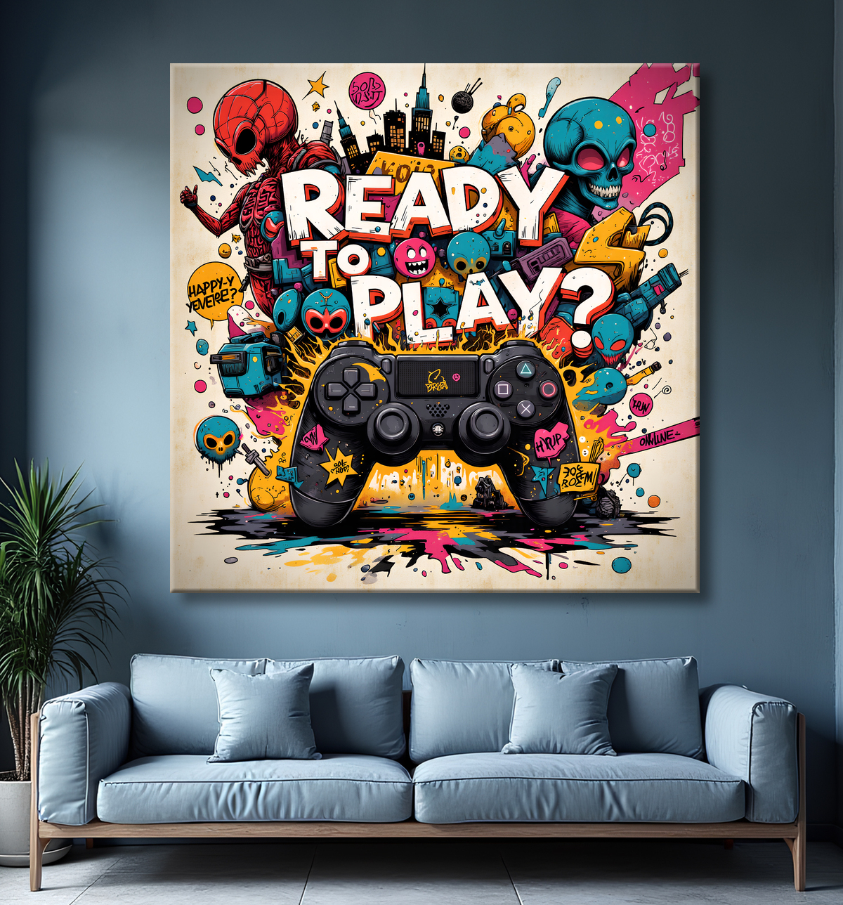 Tableau gaming manette street art avec decor