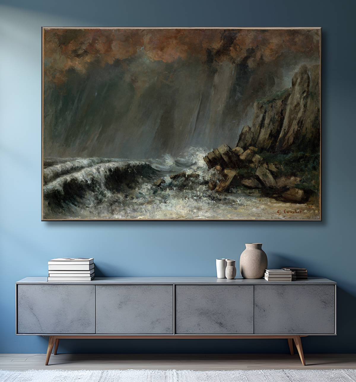 Reproduction Marine : la trombe marine de Gustave Courbet avec decor
