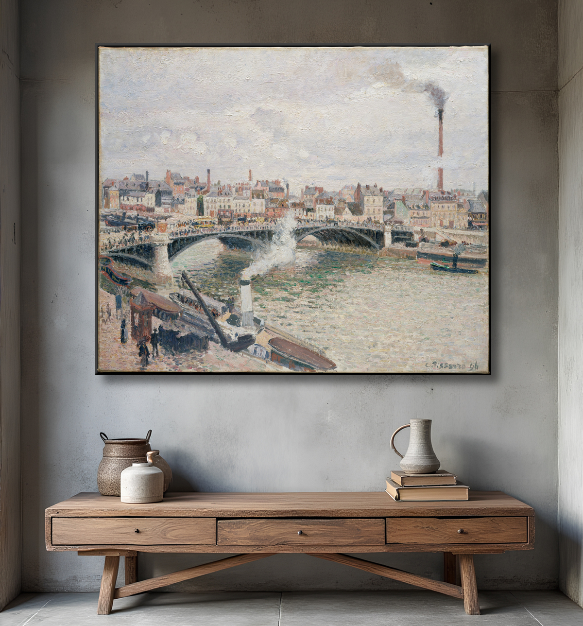 Reproduction Matin, un jour couvert, Rouen de Camille Pissarro avec decor