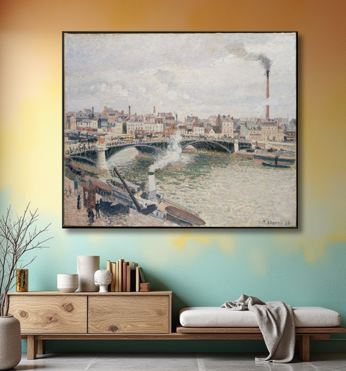 Reproduction Matin, un jour couvert, Rouen de Camille Pissarro avec decor