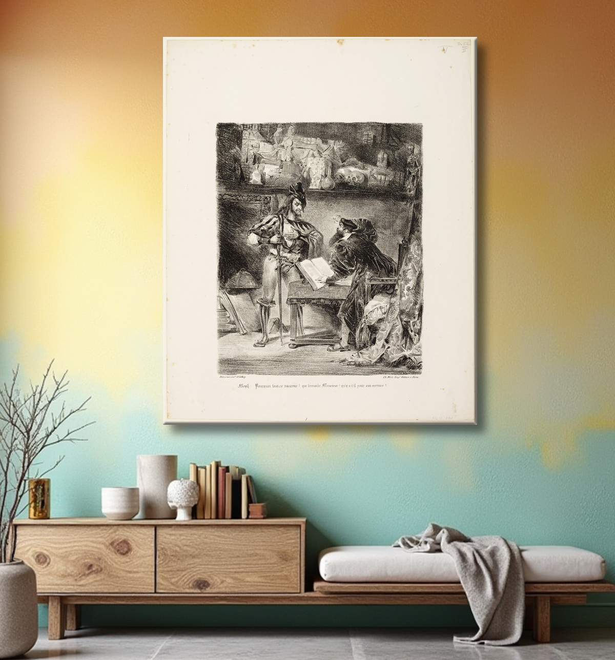 Reproduction Méphistophélès apparaissant à Faust de Eugène Delacroix avec decor