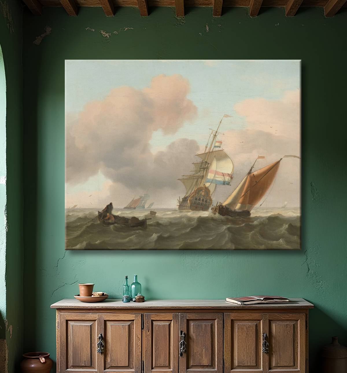 Reproduction Mer agitée avec des navires de Ludolf Bakhuysen avec decor