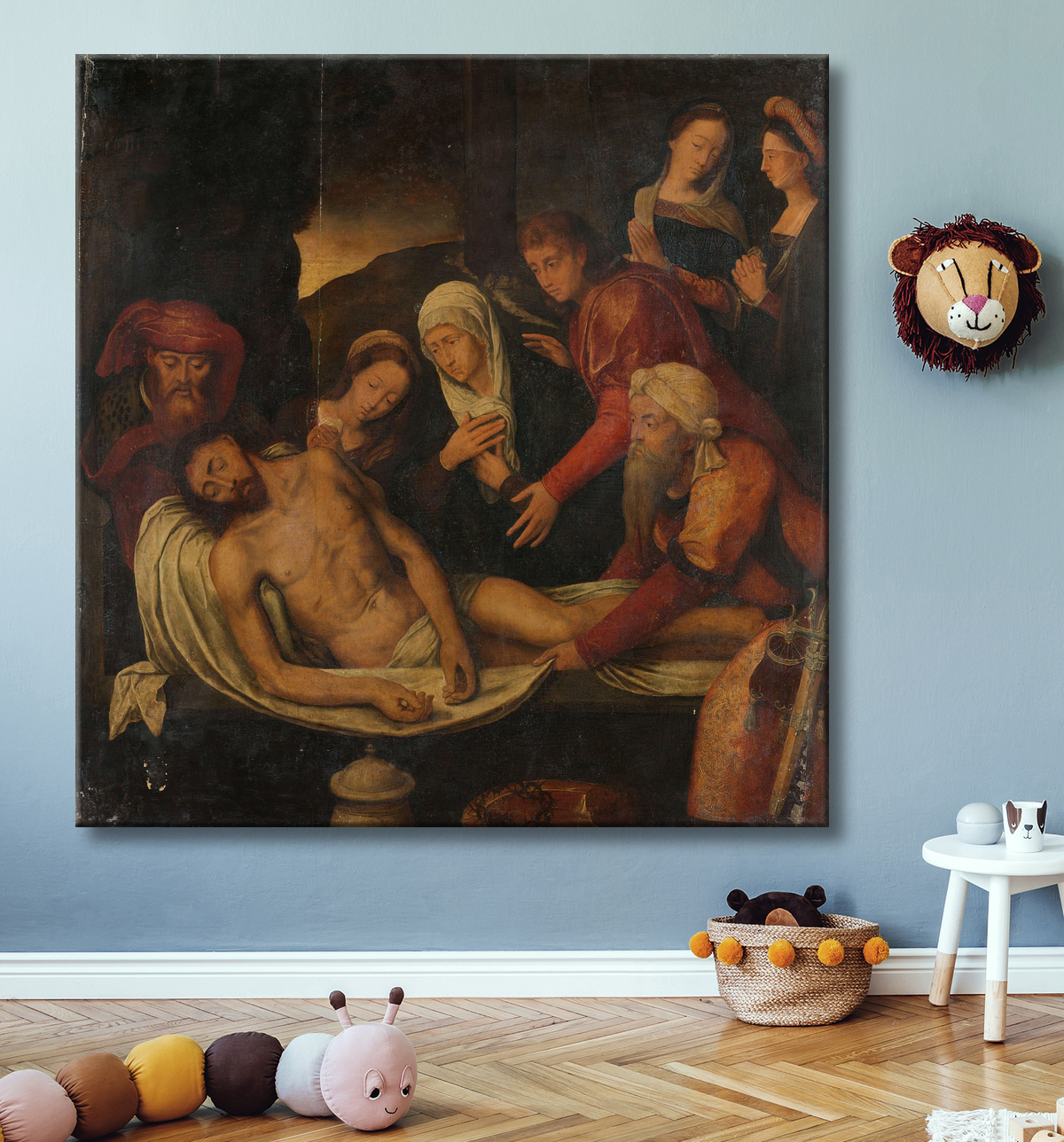 Reproduction Mise au tombeau du Christ avec Joseph d'Arimathie et Nicodème, Marie-Madeleine, la Vierge et Saint Jean l'Evangéliste de anonymous avec decor