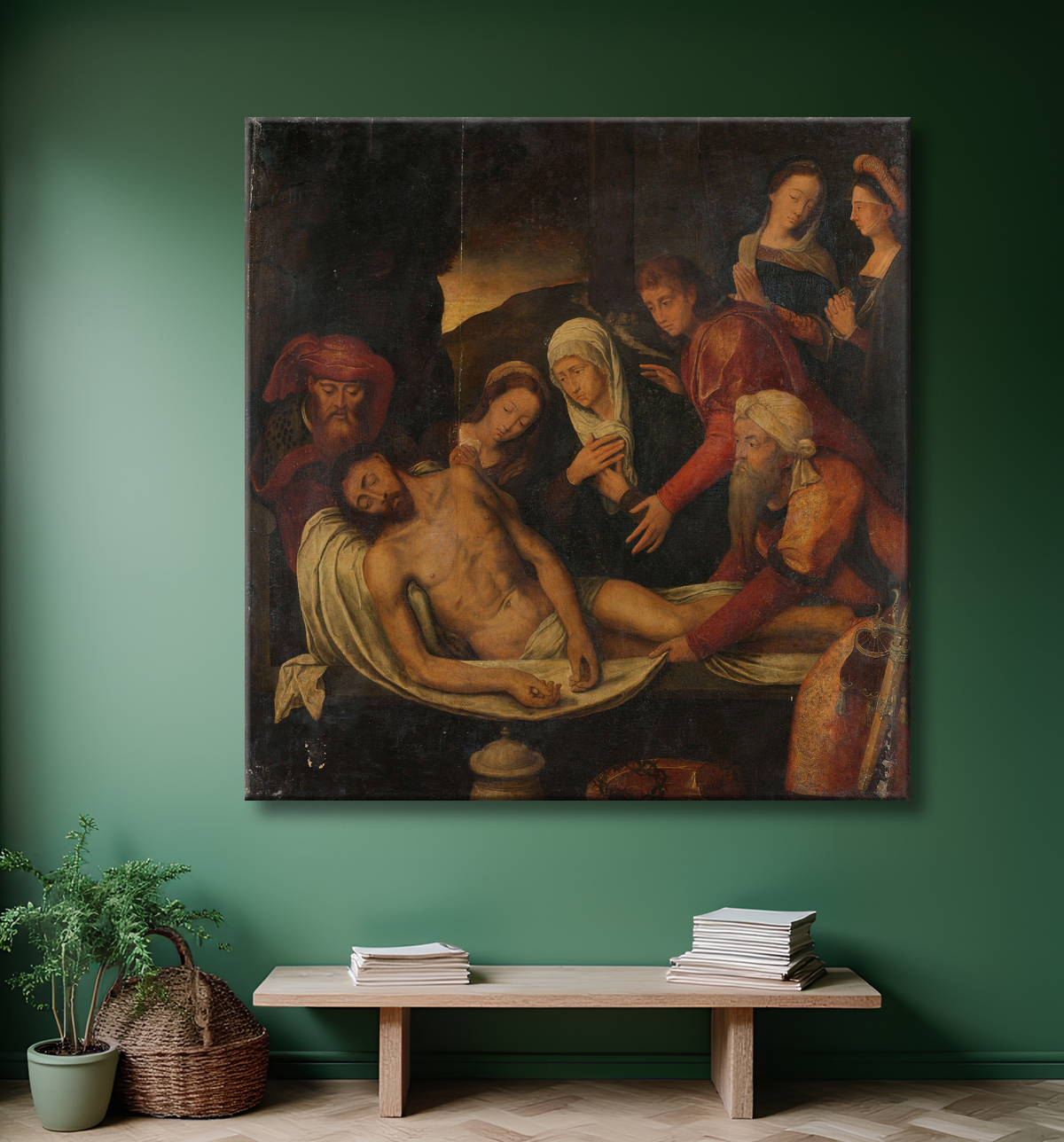 Reproduction Mise au tombeau du Christ avec Joseph d'Arimathie et Nicodème, Marie-Madeleine, la Vierge et Saint Jean l'Evangéliste de anonymous avec decor