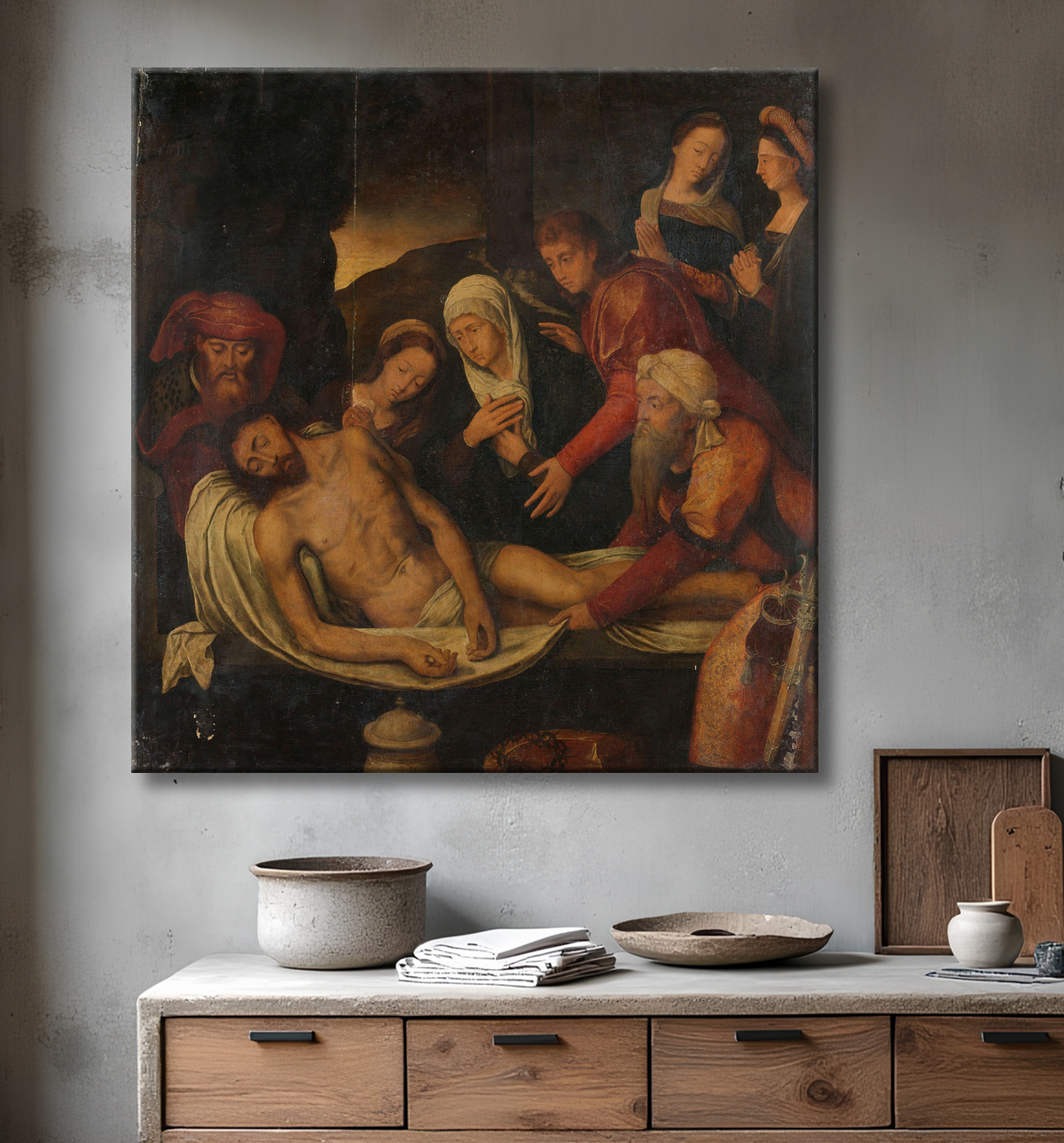 Reproduction Mise au tombeau du Christ avec Joseph d'Arimathie et Nicodème, Marie-Madeleine, la Vierge et Saint Jean l'Evangéliste de anonymous avec decor