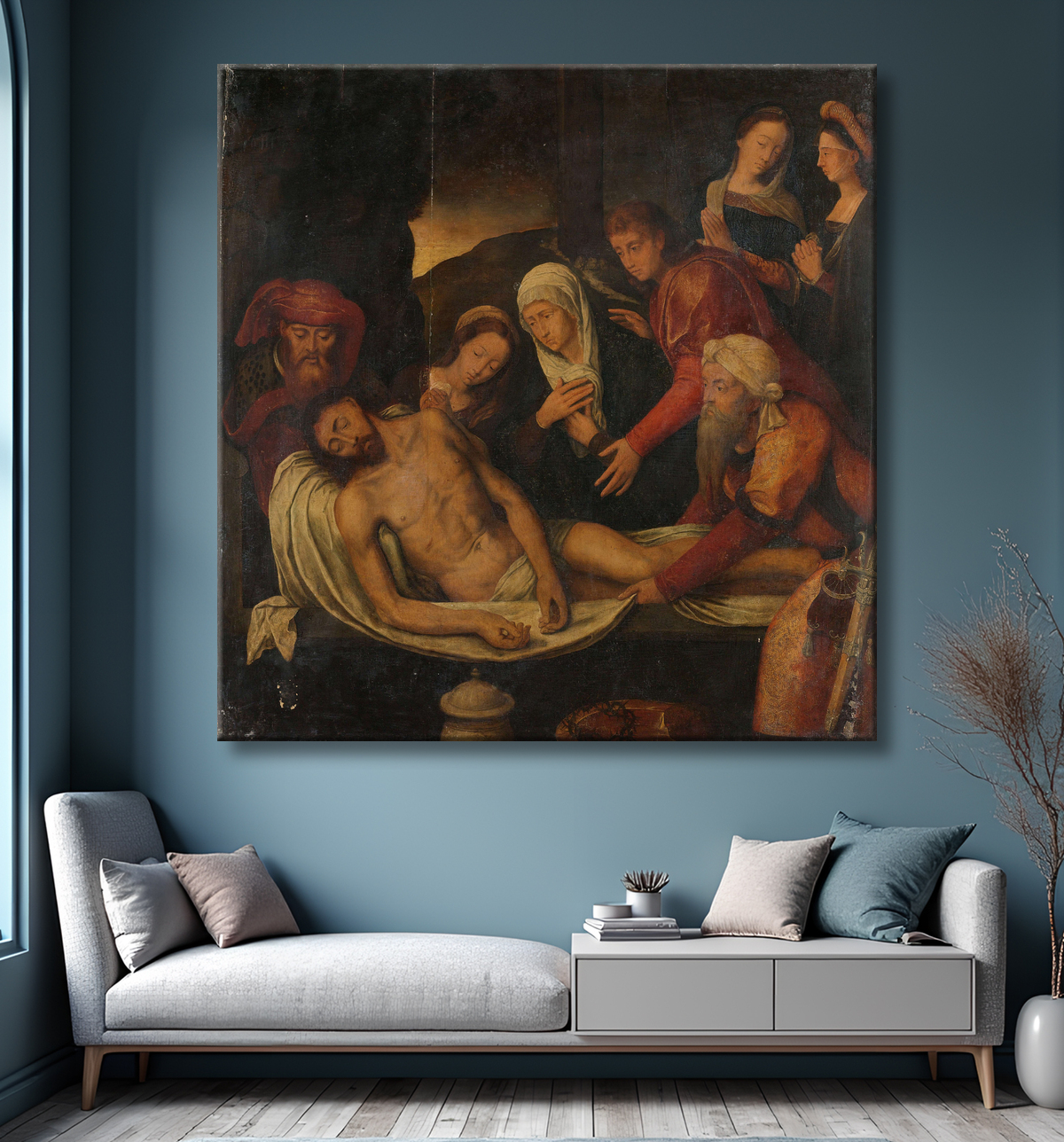 Reproduction Mise au tombeau du Christ avec Joseph d'Arimathie et Nicodème, Marie-Madeleine, la Vierge et Saint Jean l'Evangéliste de anonymous avec decor