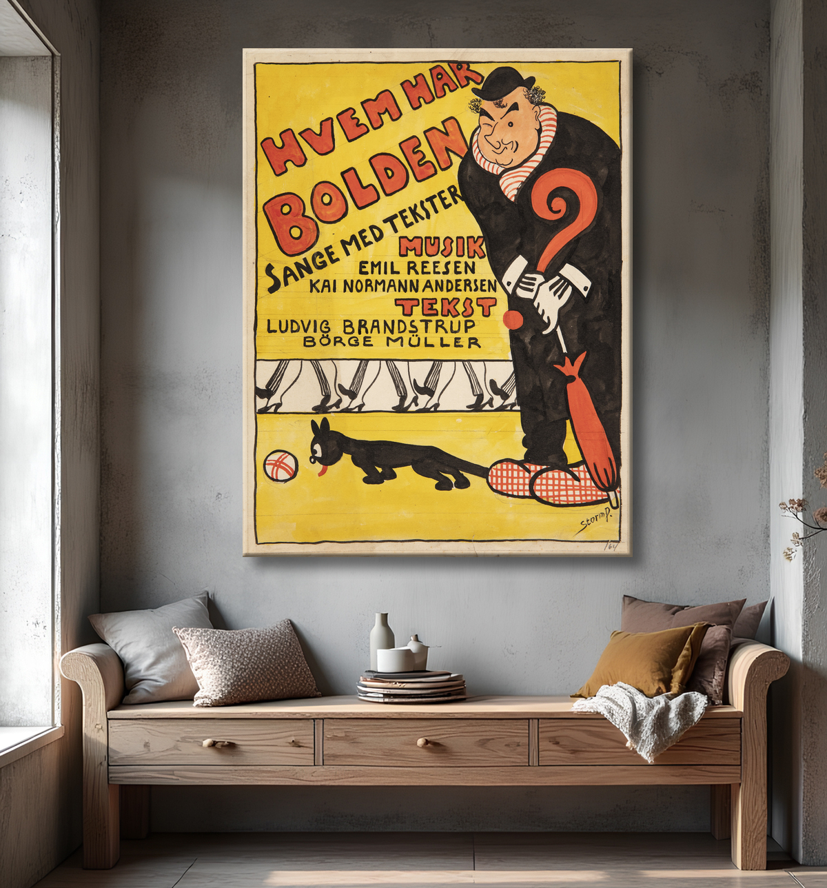 Reproduction Modèle de page de titre pour "Qui a le ballon". Portrait caricaturé de Carl Alstrup de Storm Petersen, Robert avec decor