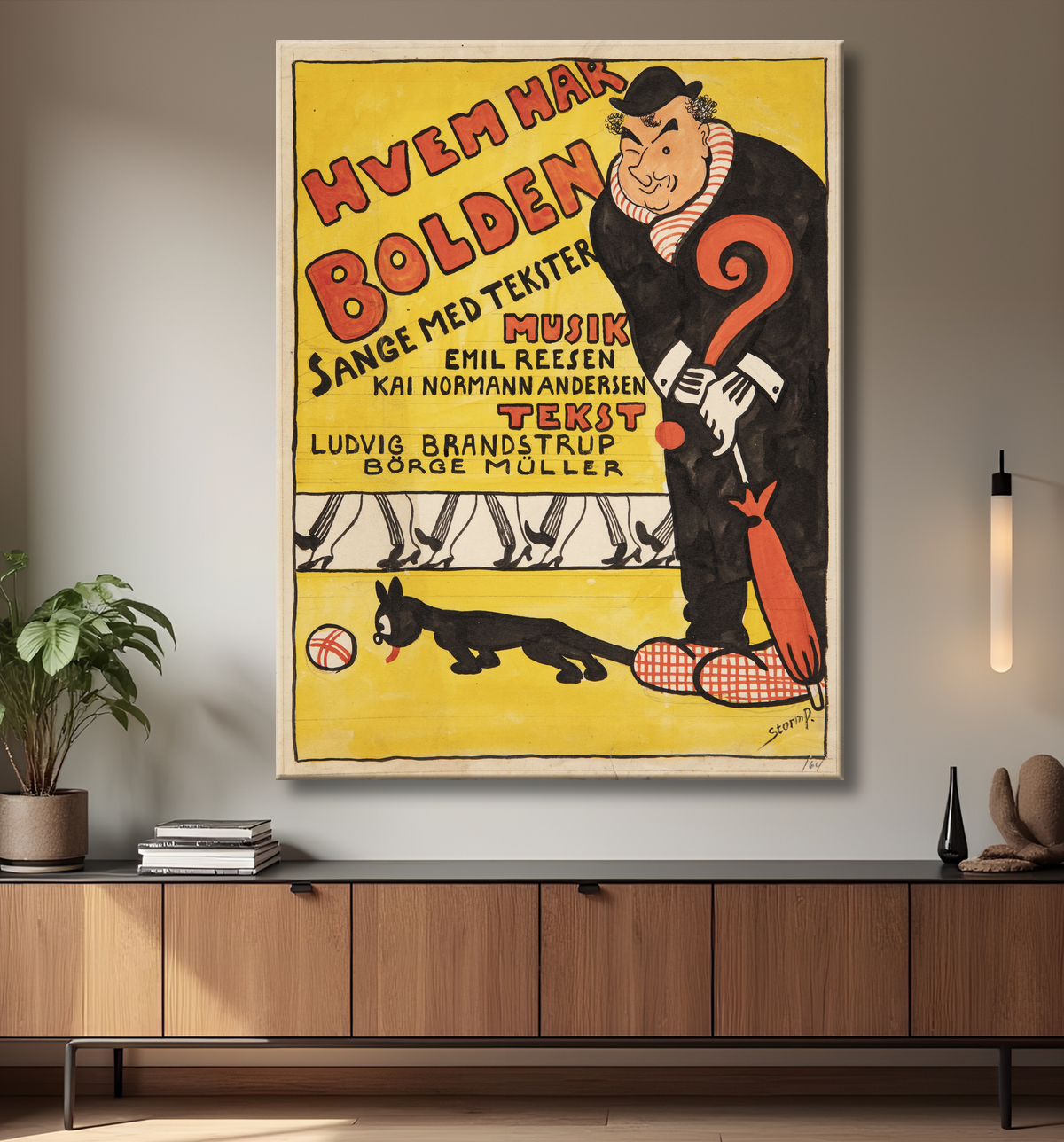 Reproduction Modèle de page de titre pour "Qui a le ballon". Portrait caricaturé de Carl Alstrup de Storm Petersen, Robert avec decor