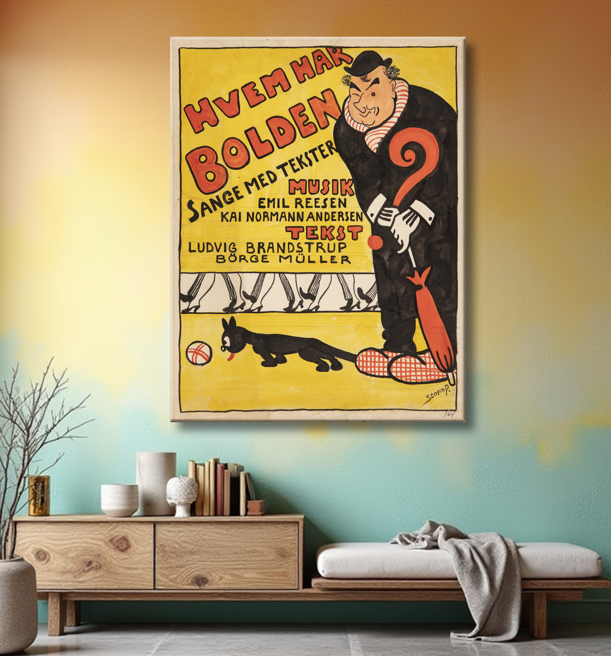 Reproduction Modèle de page de titre pour "Qui a le ballon". Portrait caricaturé de Carl Alstrup de Storm Petersen, Robert avec decor