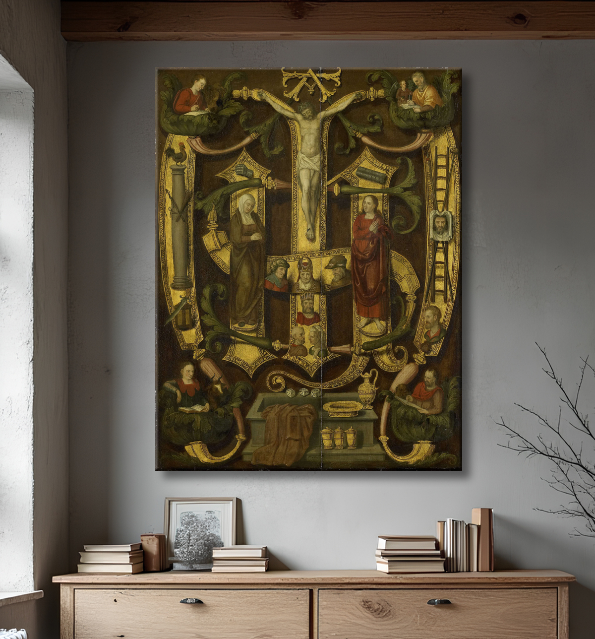 Reproduction Monogramme du Christ combiné avec les instruments de la passion de anonymous avec decor