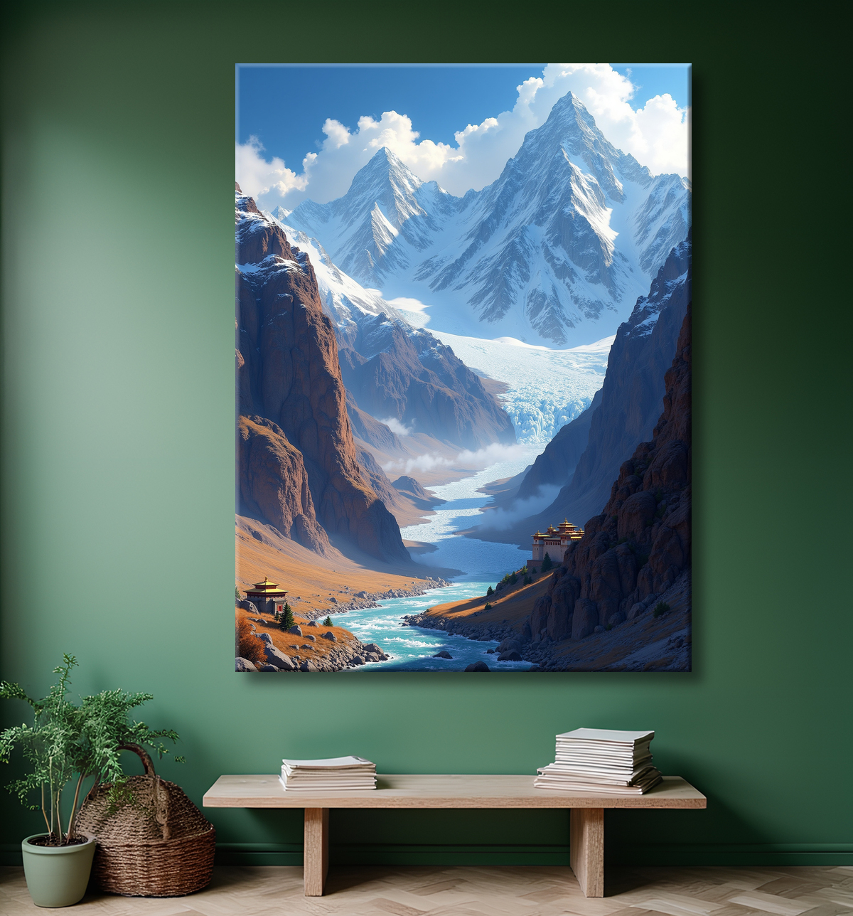 Tableau temple tibétain au pied des montagnes de l’Himalaya avec decor
