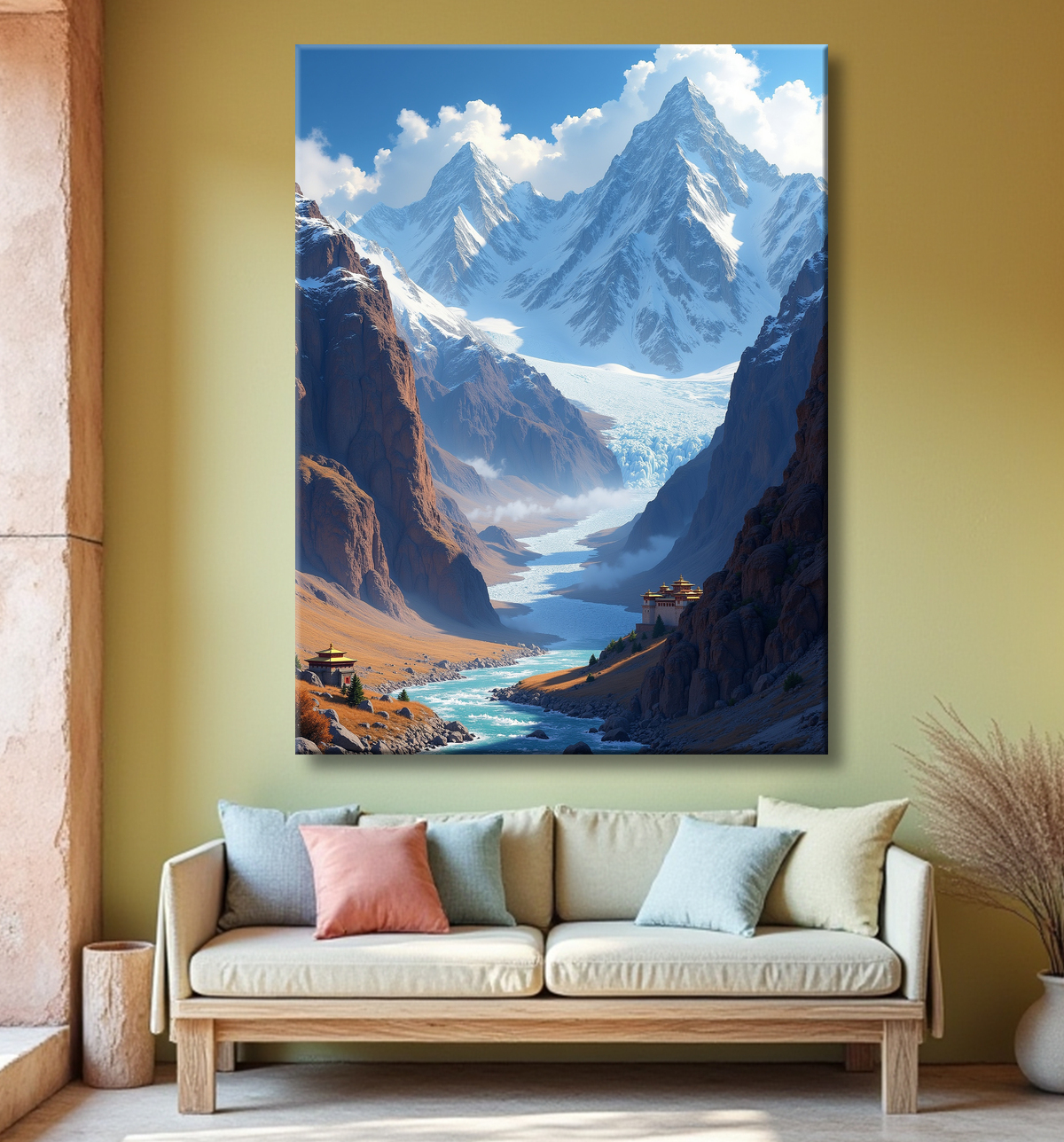 Tableau temple tibétain au pied des montagnes de l’Himalaya avec decor