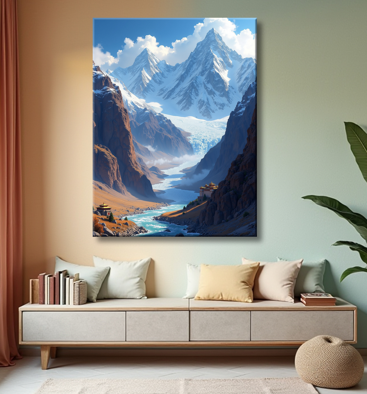 Tableau temple tibétain au pied des montagnes de l’Himalaya avec decor