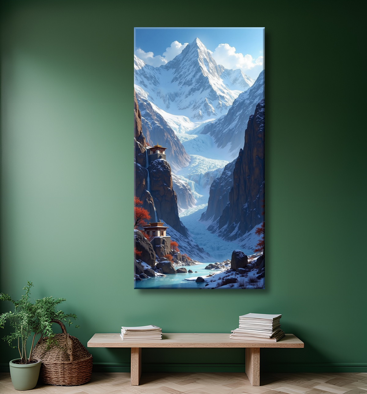Tableau temple tibétain au pied des montagnes de l’Himalaya avec decor