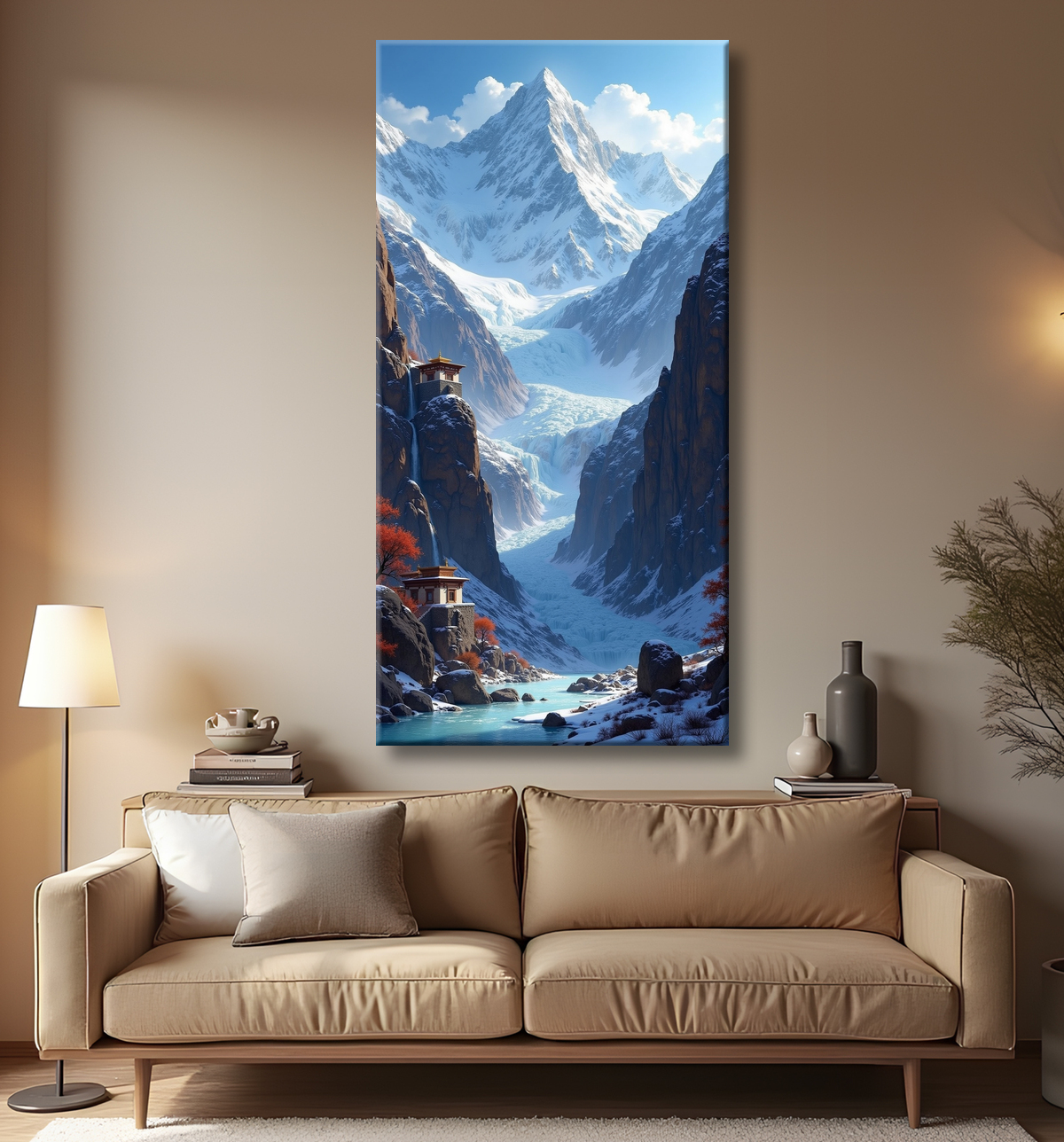Tableau temple tibétain au pied des montagnes de l’Himalaya avec decor