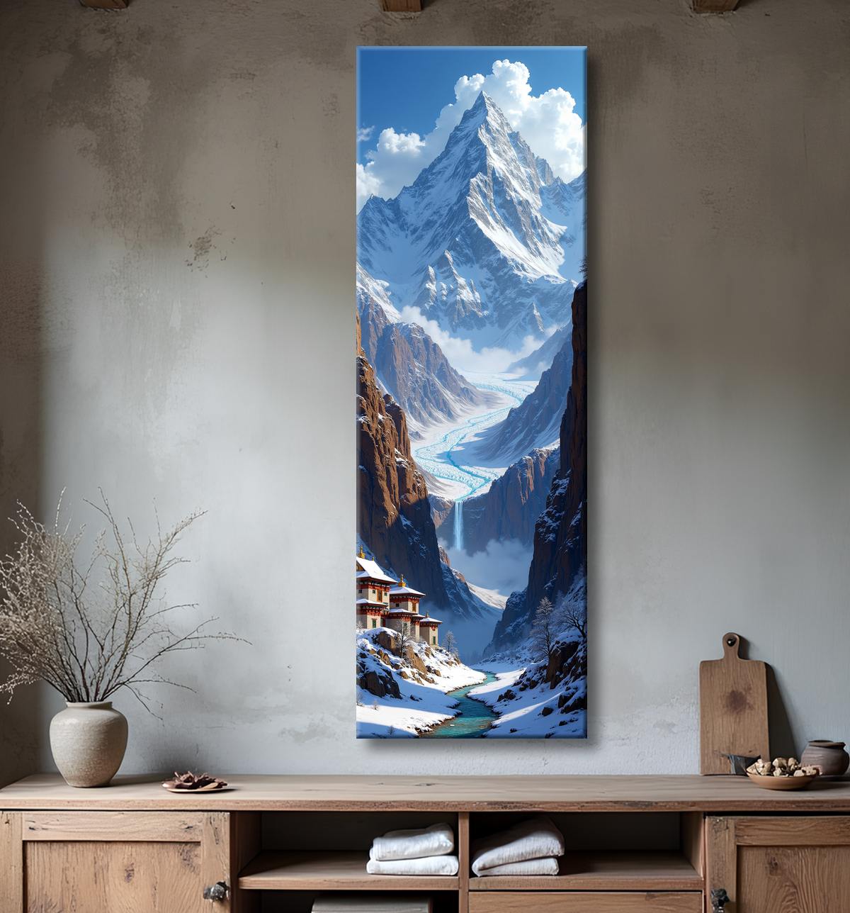 Tableau temple tibétain au pied des montagnes de l’Himalaya avec decor
