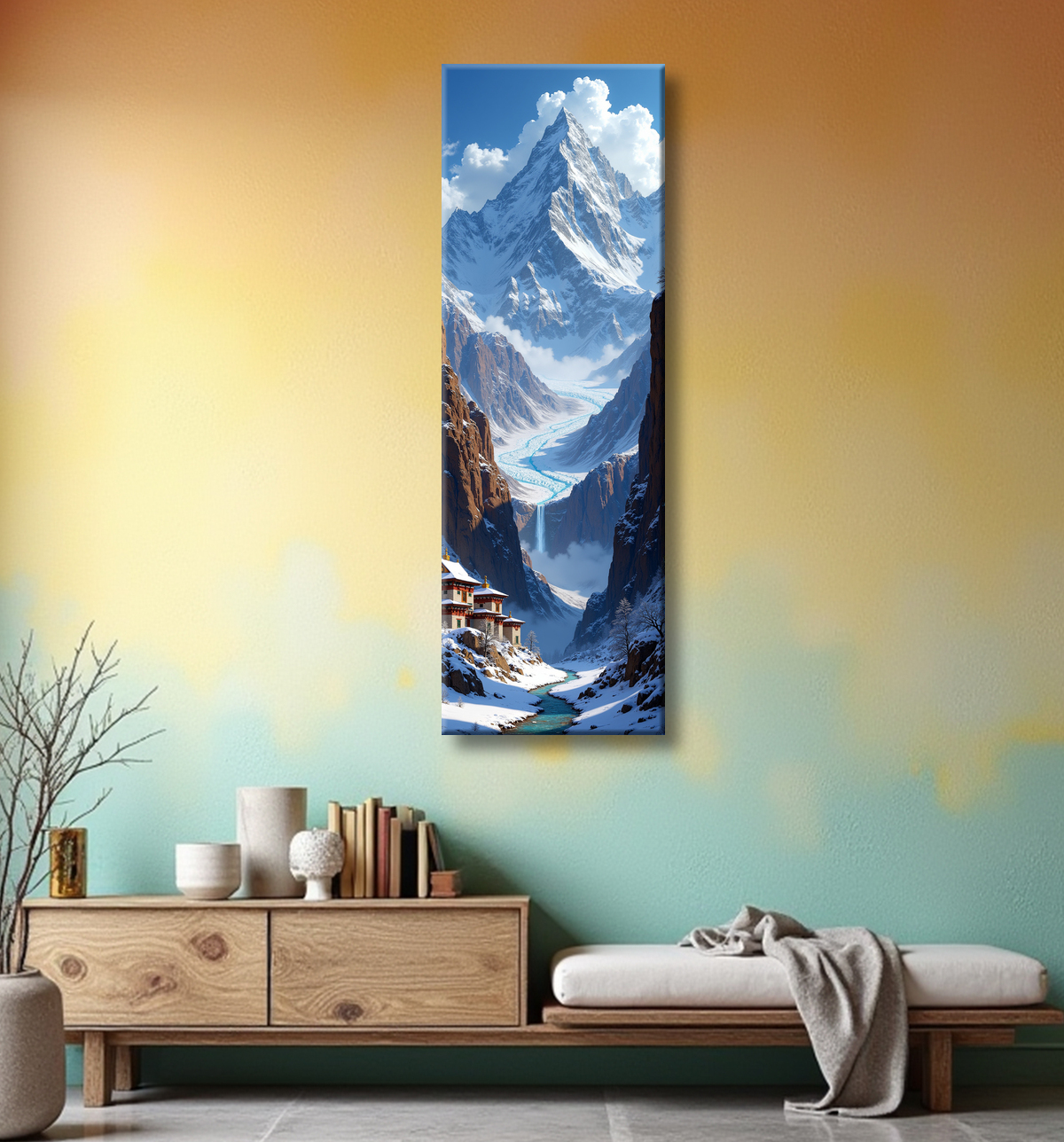 Tableau temple tibétain au pied des montagnes de l’Himalaya avec decor