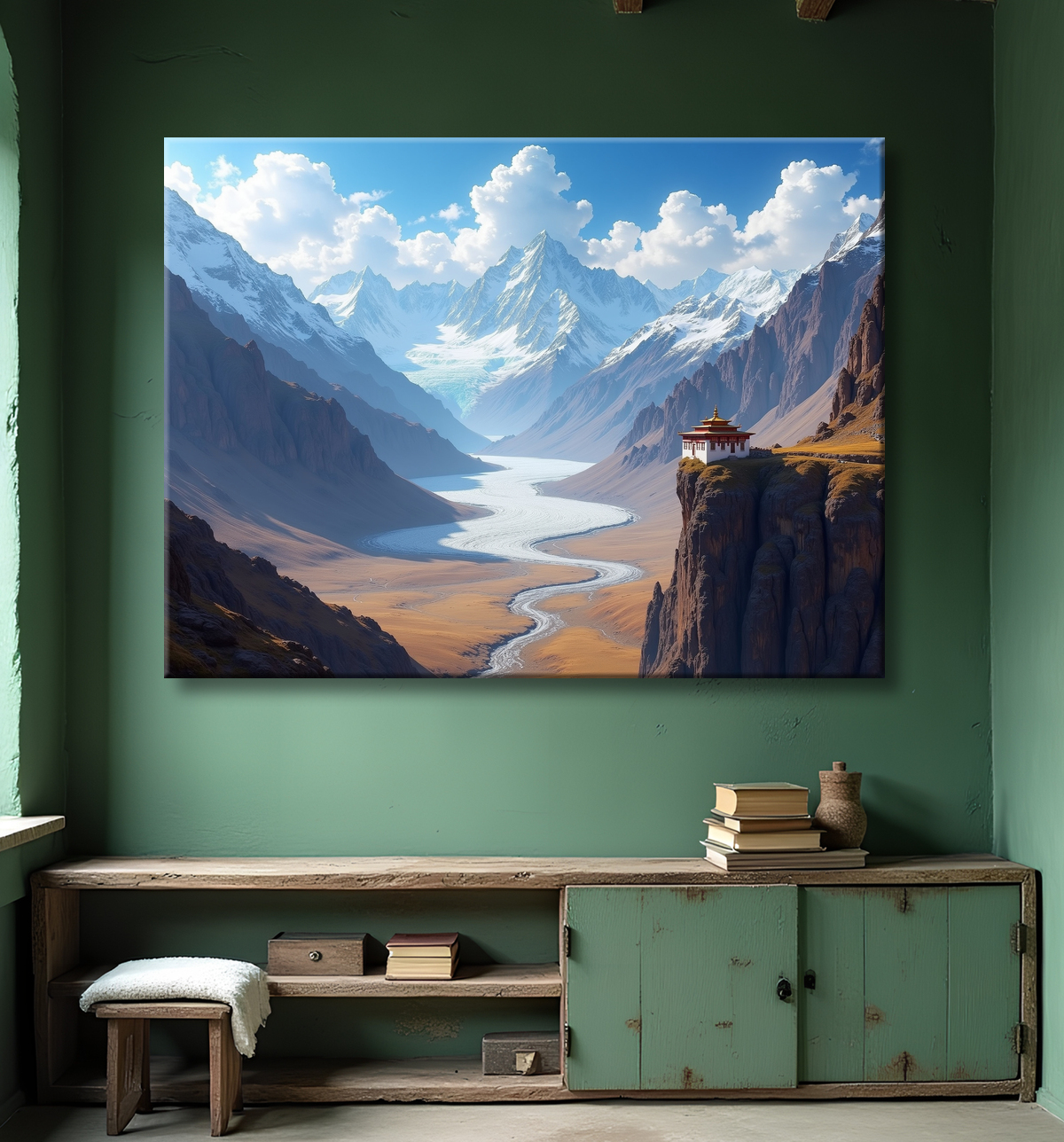 Tableau paysage de l’Himalaya avec un temple tibétain niché au pied d’une montagne vertigineuse. Une scène grandiose et spirituelle dans un décor naturel saisissant.