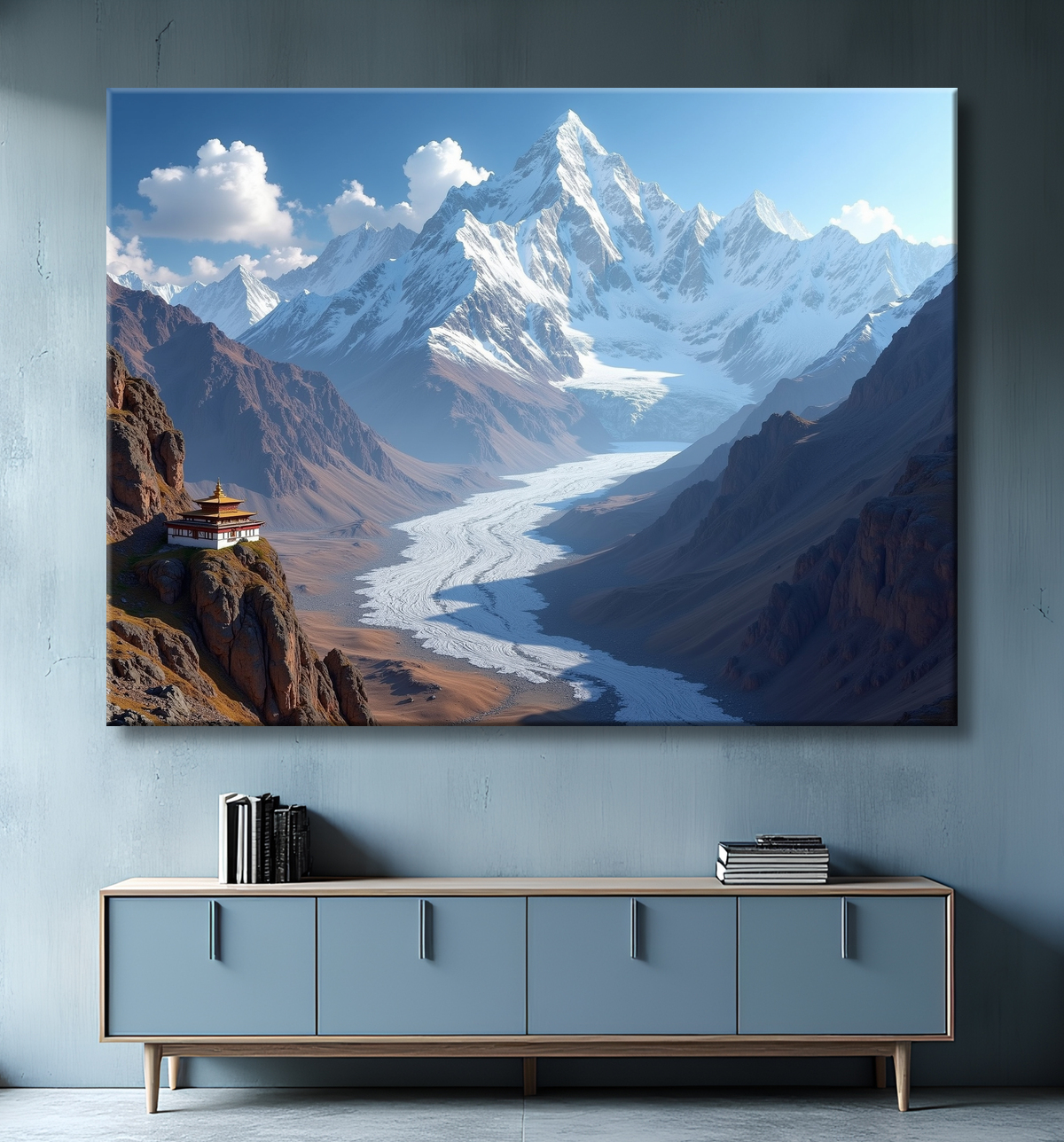 Tableau paysage de l’Himalaya avec un temple tibétain niché au pied d’une montagne vertigineuse. Une scène grandiose et spirituelle dans un décor naturel saisissant.
