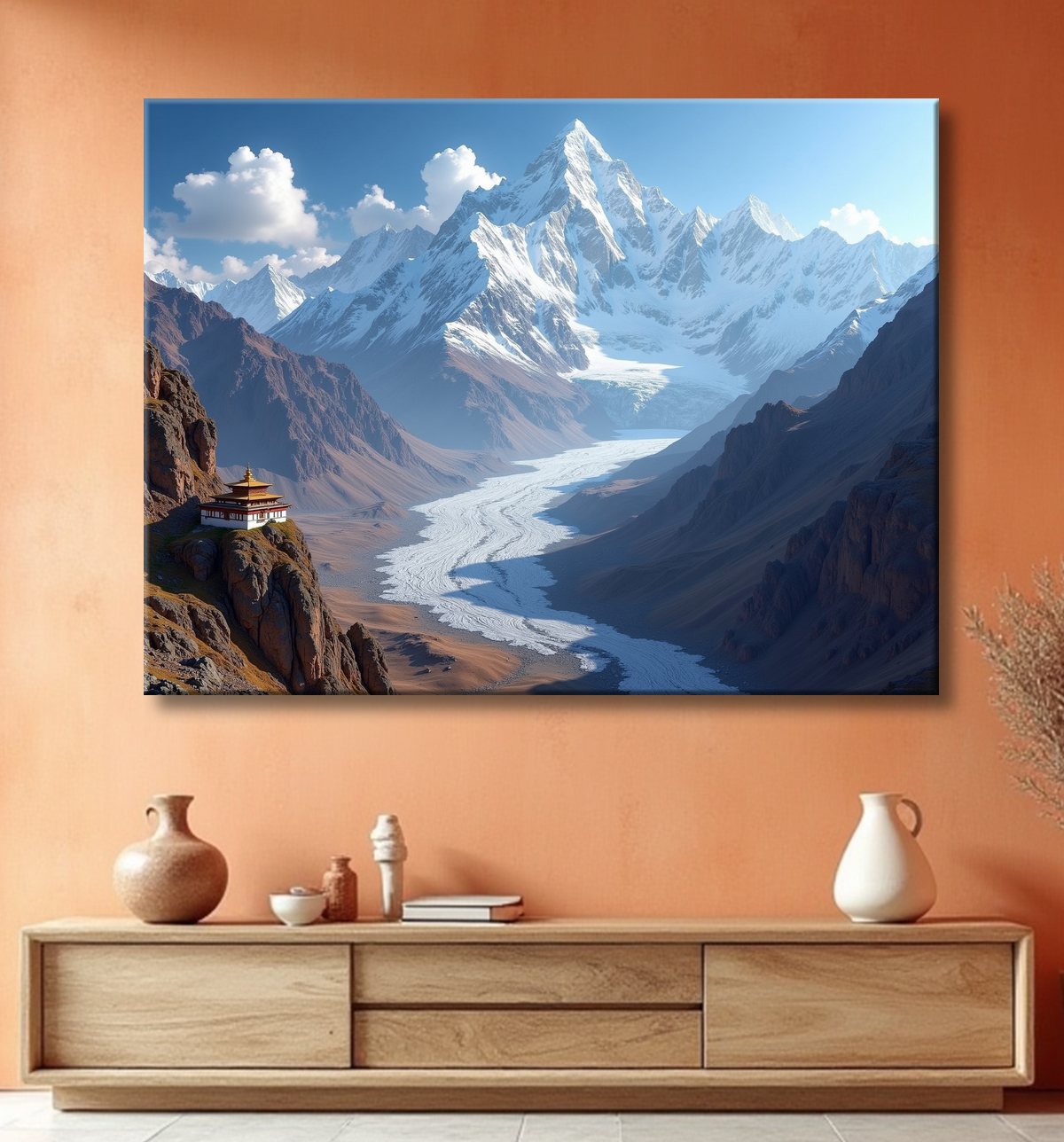 Tableau temple tibétain au pied des montagnes de l’Himalaya avec decor