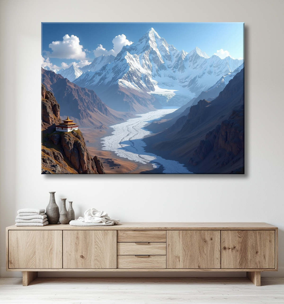Tableau temple tibétain au pied des montagnes de l’Himalaya avec decor