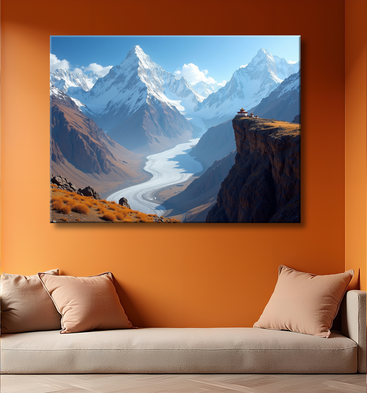 Tableau temple tibétain au pied des montagnes de l’Himalaya avec decor