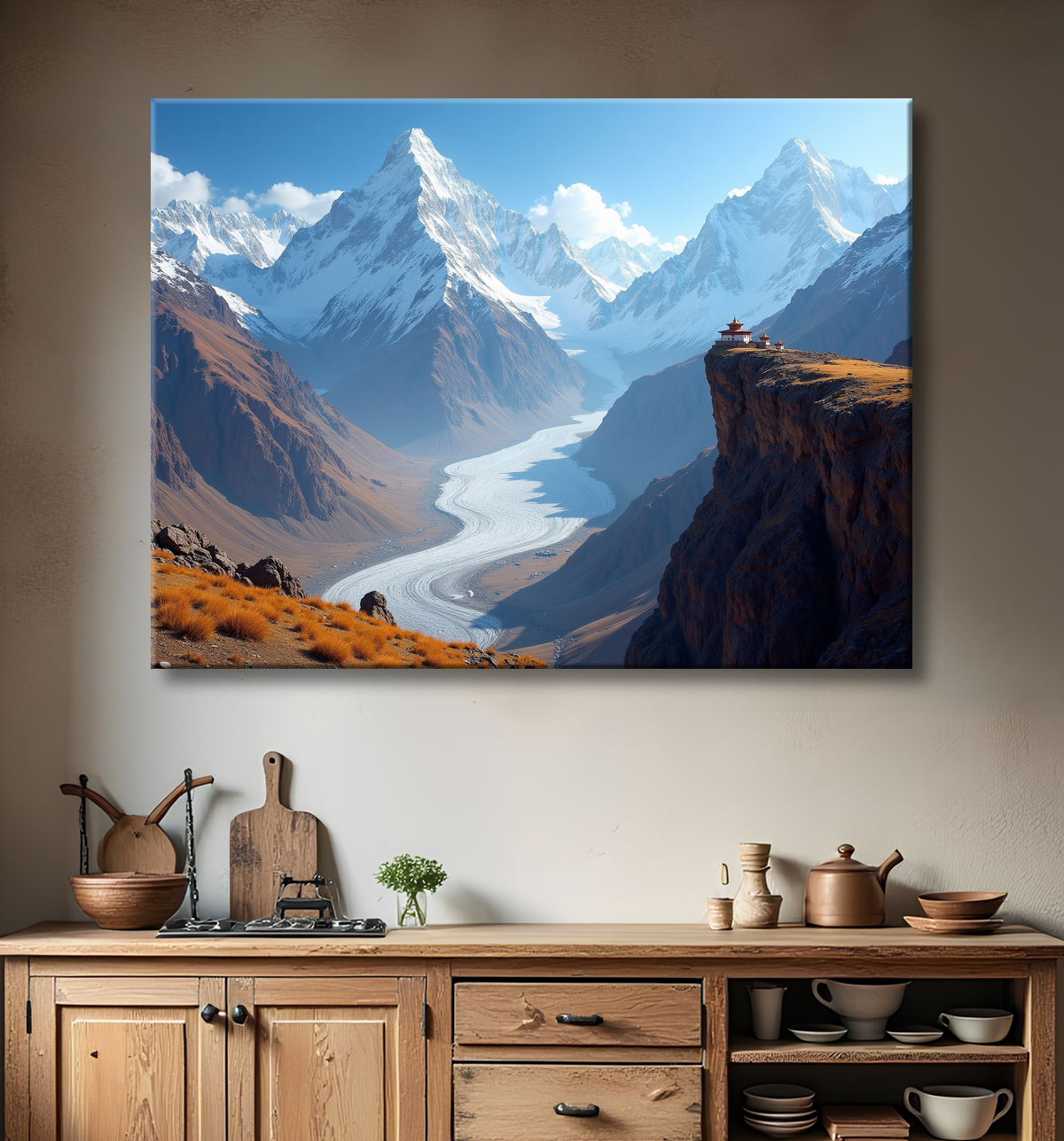 Tableau temple tibétain au pied des montagnes de l’Himalaya avec decor