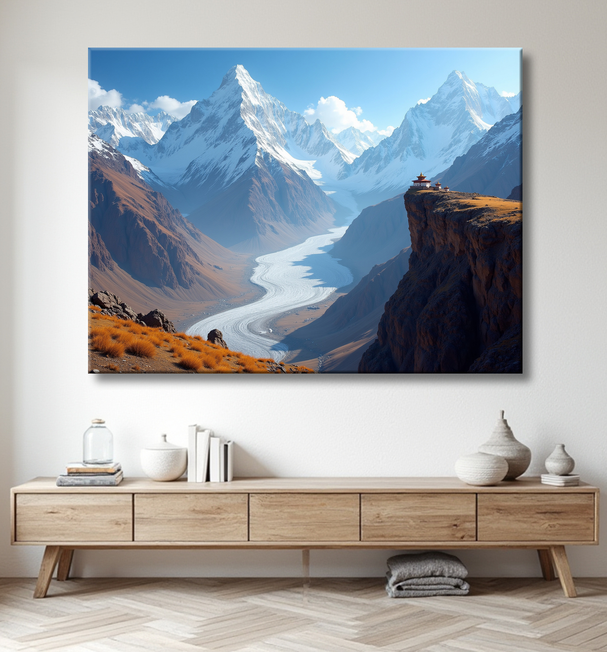 Tableau temple tibétain au pied des montagnes de l’Himalaya avec decor