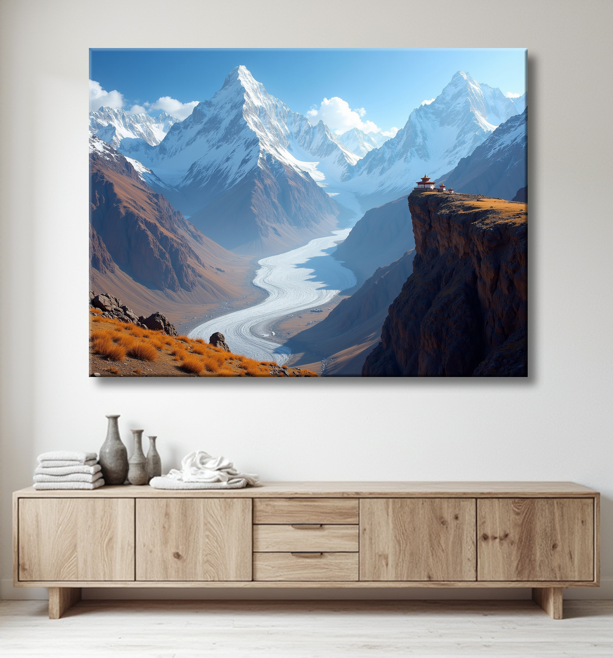 Tableau temple tibétain au pied des montagnes de l’Himalaya avec decor