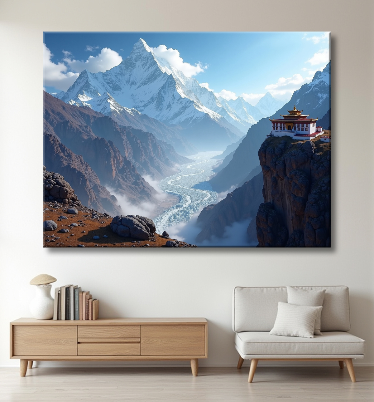 Tableau temple tibétain au pied des montagnes de l’Himalaya avec decor