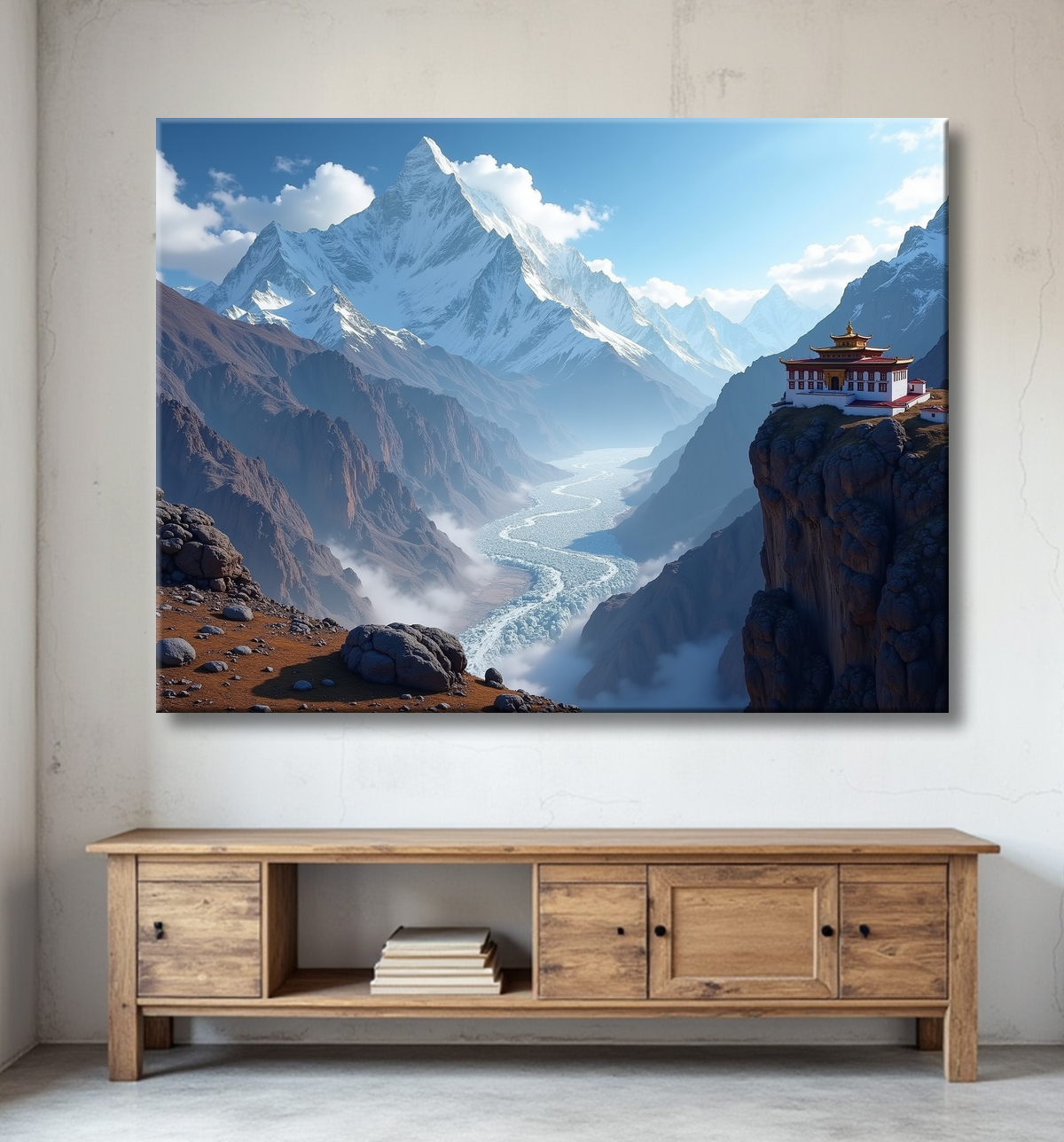 Tableau temple tibétain au pied des montagnes de l’Himalaya avec decor