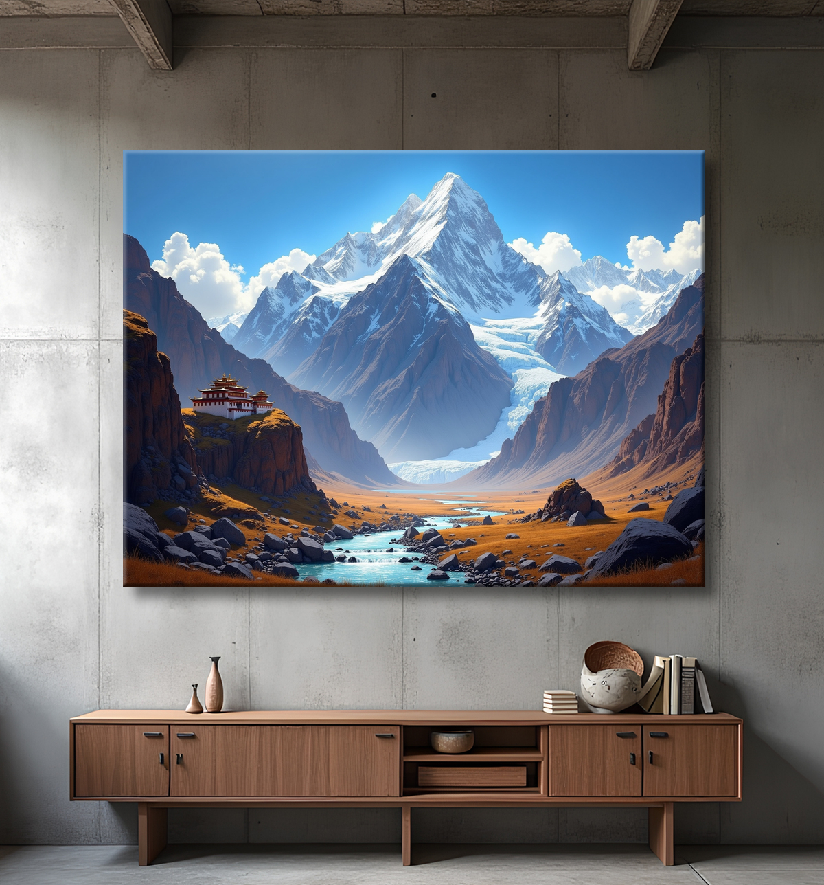 Tableau temple tibétain au pied des montagnes de l’Himalaya avec decor