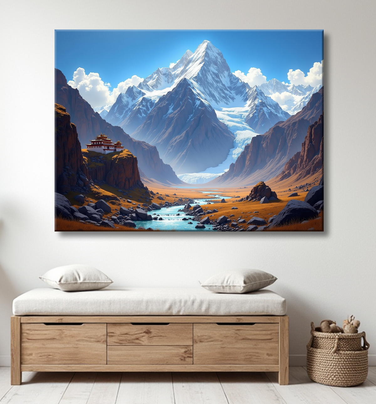 Tableau temple tibétain au pied des montagnes de l’Himalaya avec decor