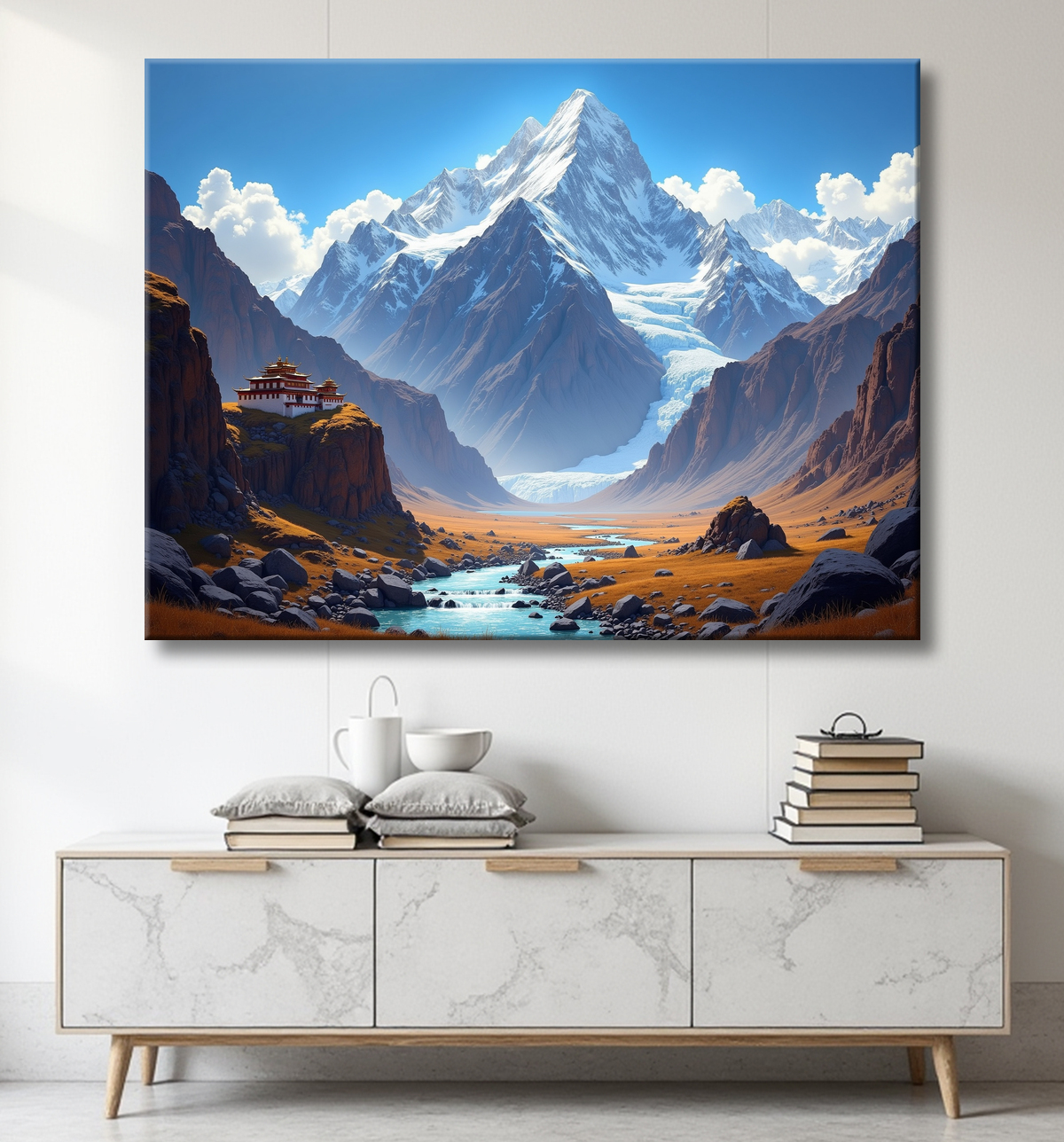 Tableau temple tibétain au pied des montagnes de l’Himalaya avec decor