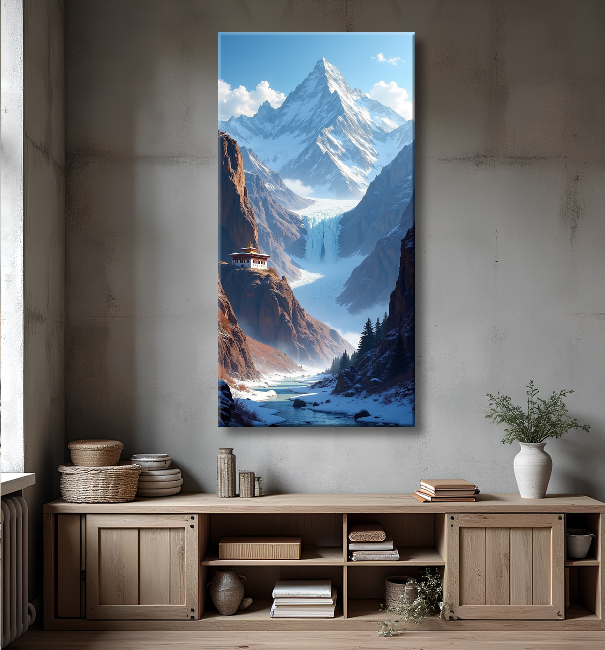 Tableau temple tibétain au pied des montagnes de l’Himalaya avec decor