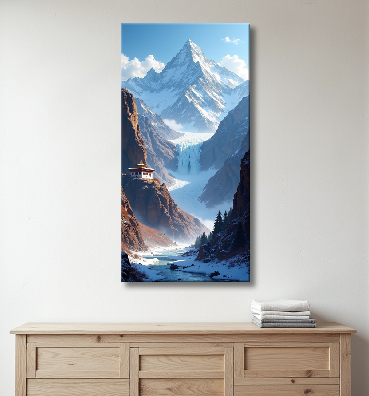 Tableau temple tibétain au pied des montagnes de l’Himalaya avec decor