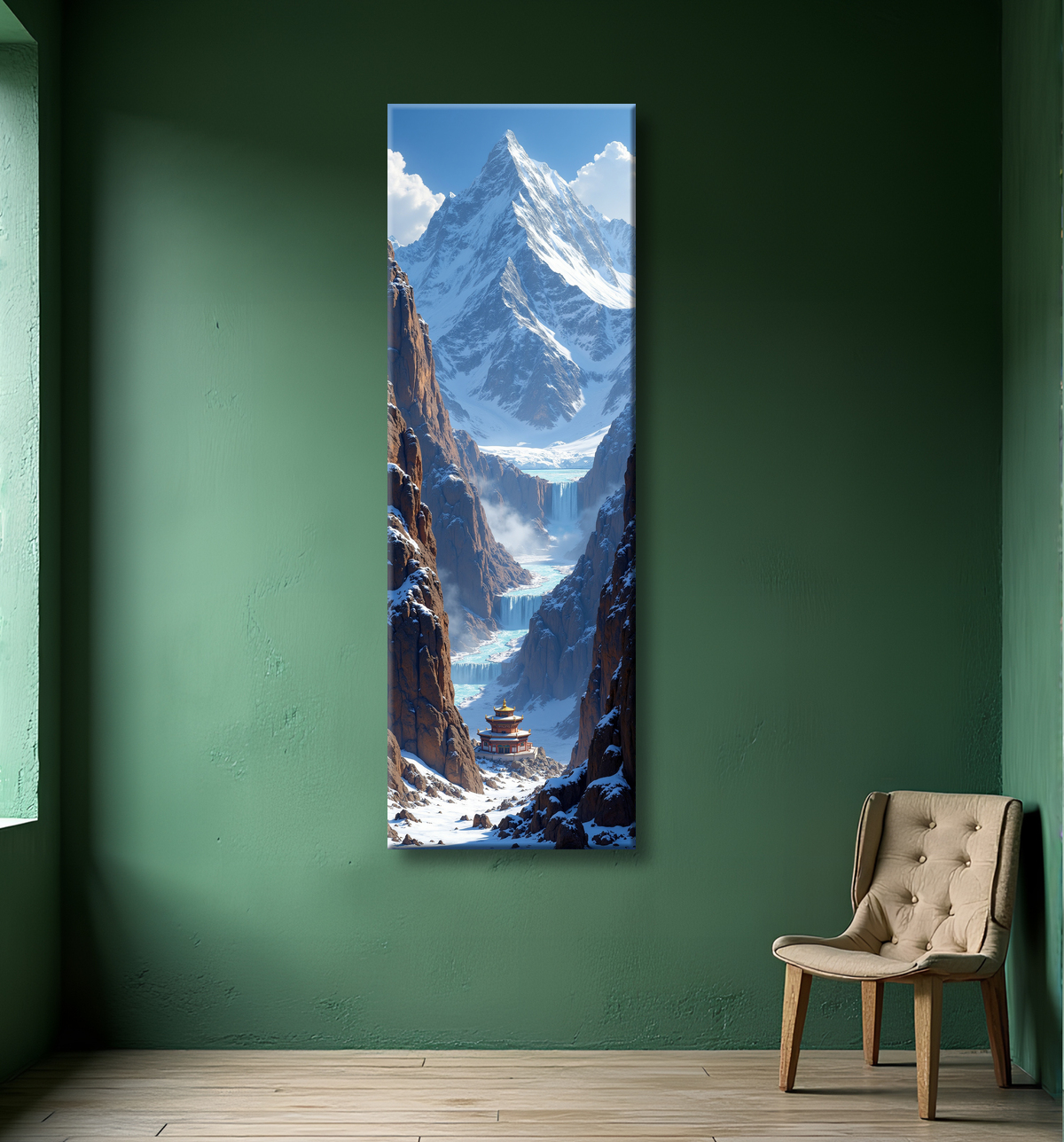 Tableau temple tibétain au pied des montagnes de l’Himalaya avec decor