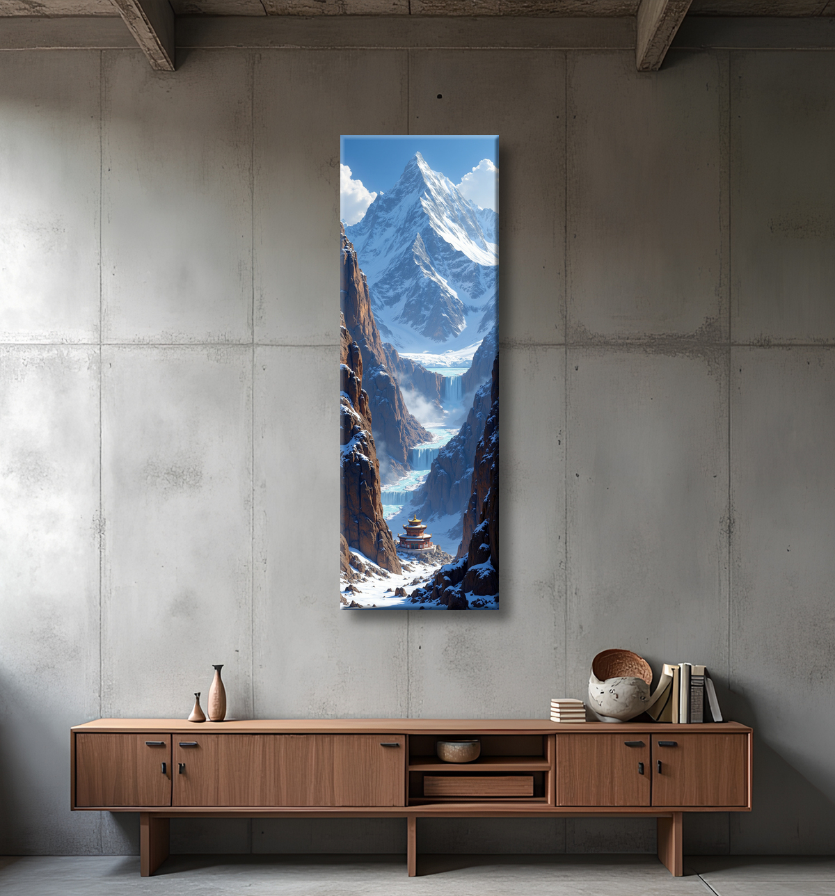 Tableau temple tibétain au pied des montagnes de l’Himalaya avec decor