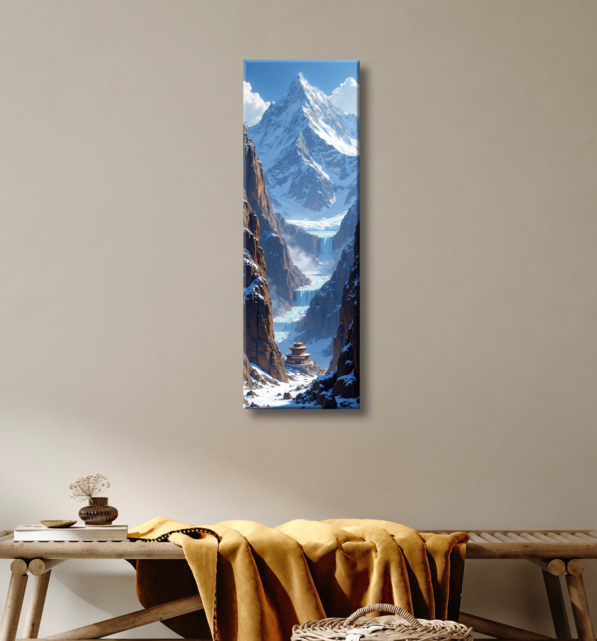 Tableau temple tibétain au pied des montagnes de l’Himalaya avec decor