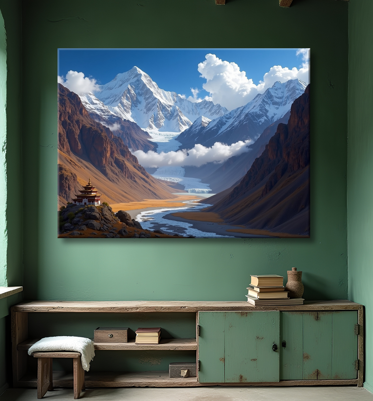 Tableau temple tibétain au pied des montagnes de l’Himalaya avec decor