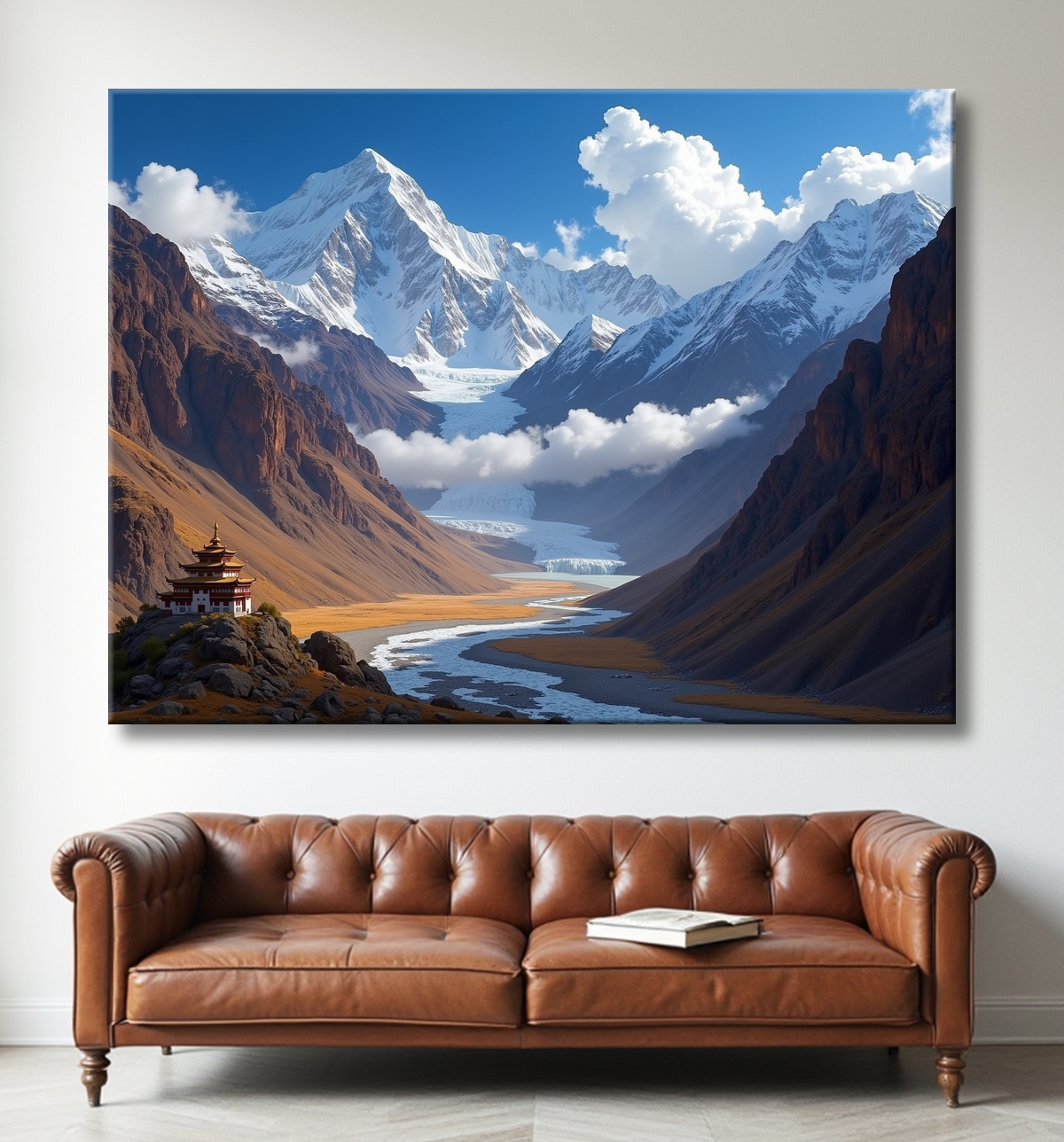 Tableau temple tibétain au pied des montagnes de l’Himalaya avec decor
