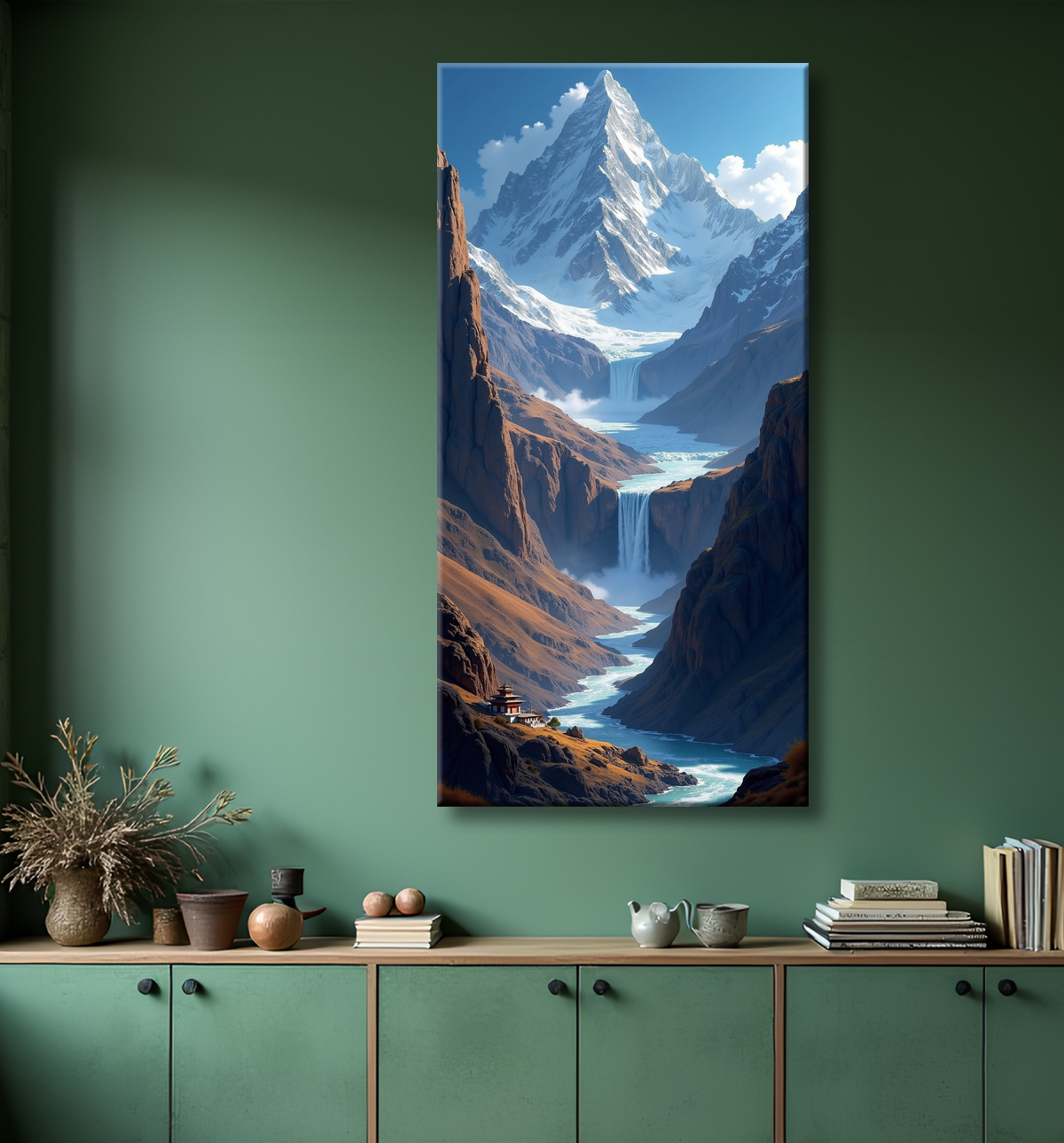 Tableau temple tibétain au pied des montagnes de l’Himalaya avec decor