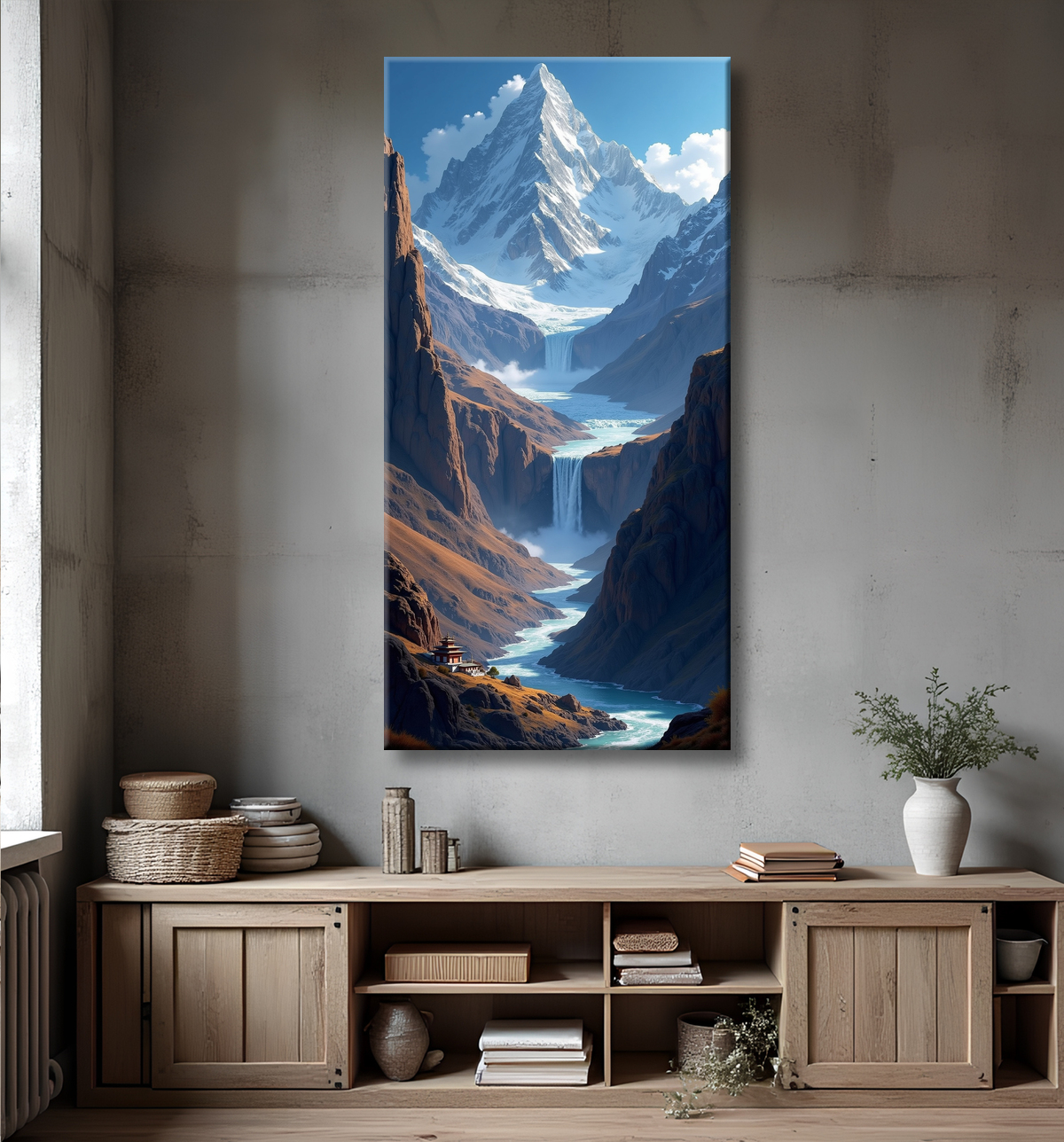 Tableau temple tibétain au pied des montagnes de l’Himalaya avec decor