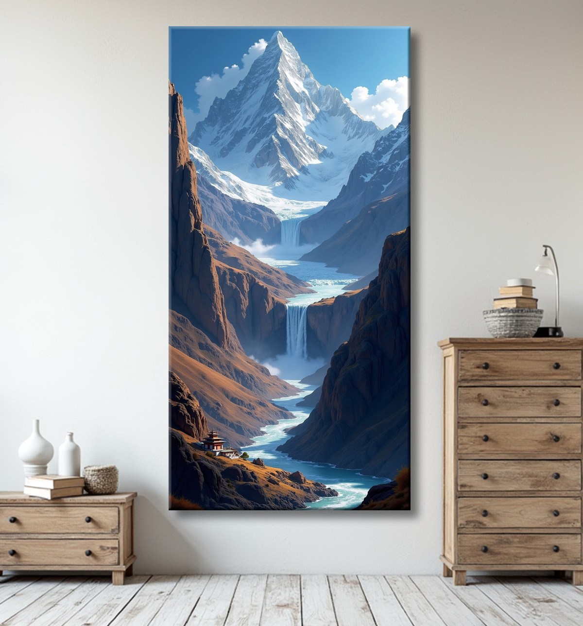Tableau temple tibétain au pied des montagnes de l’Himalaya avec decor