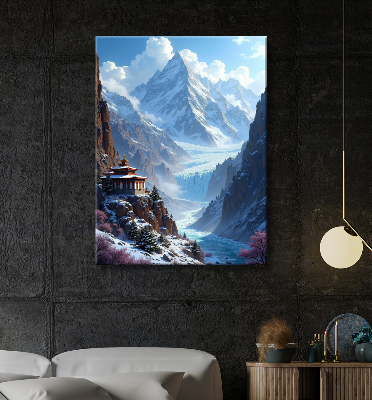 Tableau temple tibétain au pied des montagnes de l’Himalaya avec decor