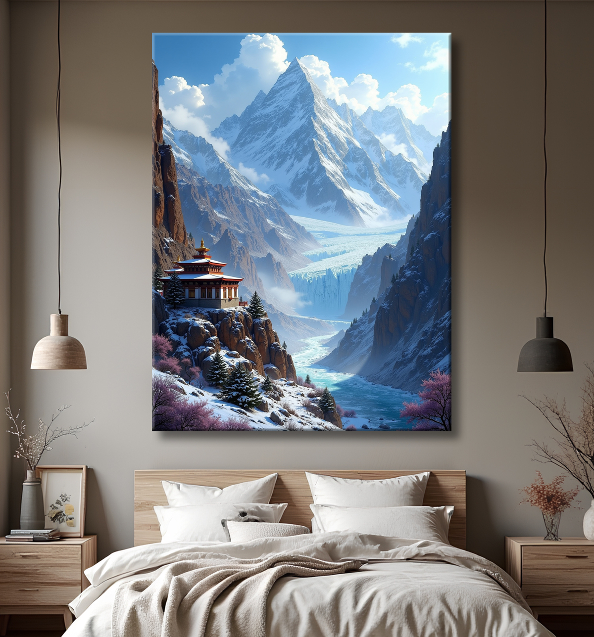 Tableau temple tibétain au pied des montagnes de l’Himalaya avec decor