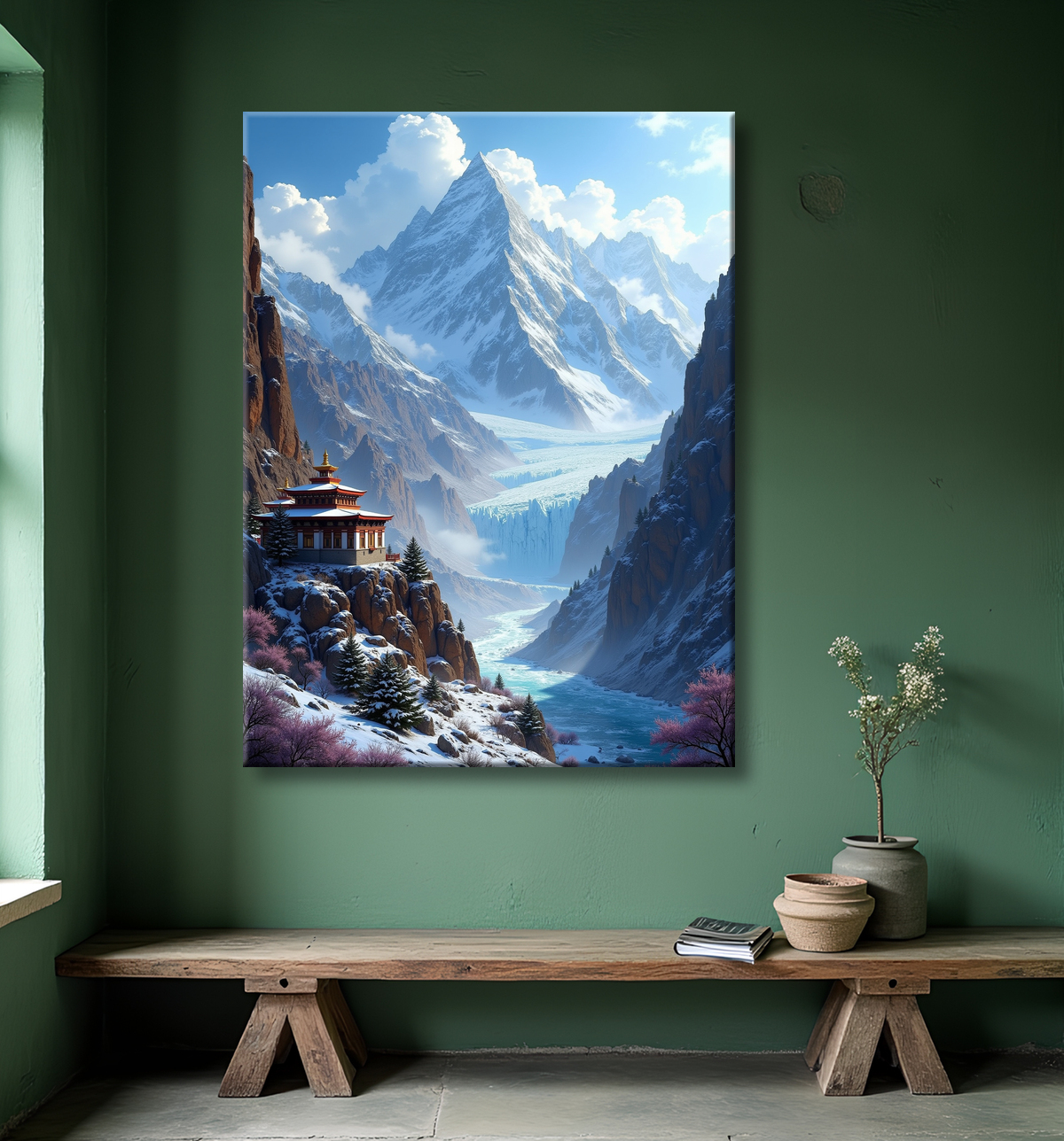 Tableau temple tibétain au pied des montagnes de l’Himalaya avec decor