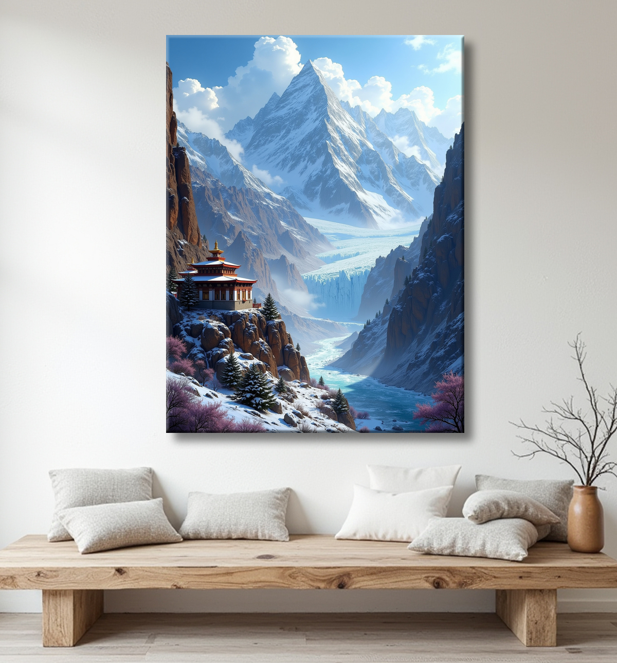 Tableau temple tibétain au pied des montagnes de l’Himalaya avec decor