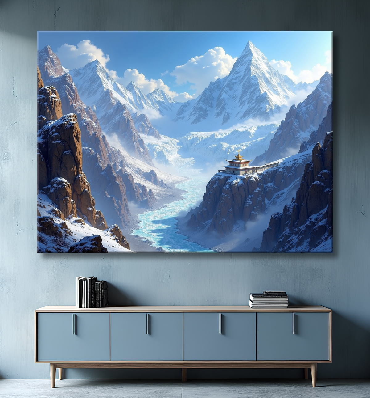Tableau paysage de l’Himalaya avec un temple tibétain niché au pied d’une montagne vertigineuse. Une scène grandiose et spirituelle dans un décor naturel saisissant.