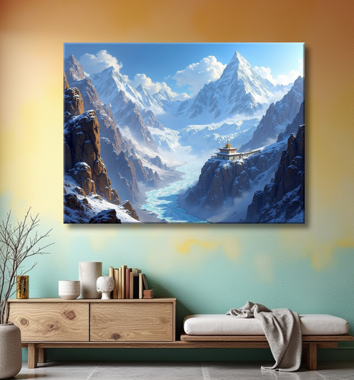 Tableau temple tibétain au pied des montagnes de l’Himalaya avec decor